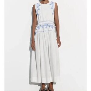 Zara White Cotton Midi Sleeveless Dress With Blue Embroidery  Shirt Small